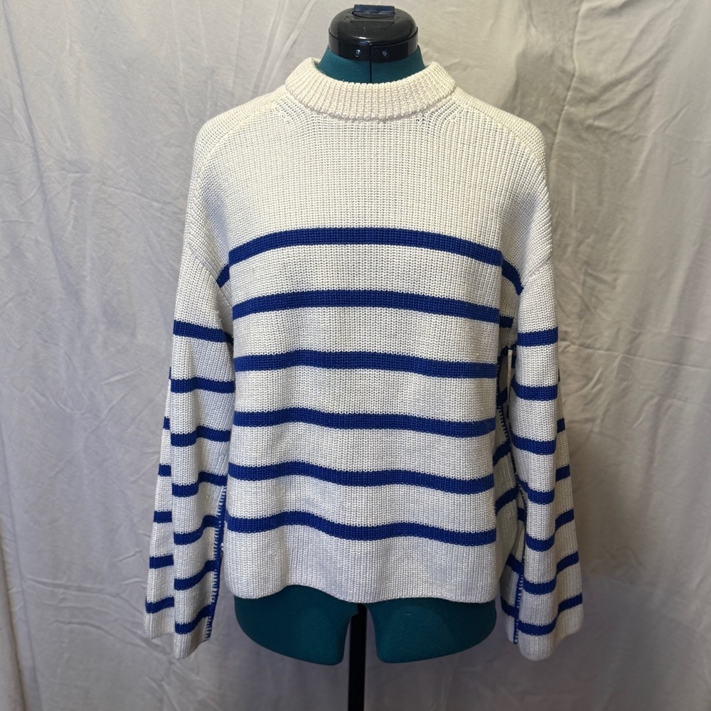 COS White and Blue Striped Crew Neck Sweater